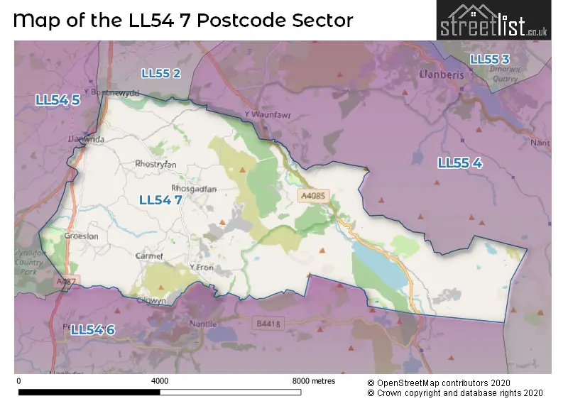 Map of the LL54 7 and surrounding postcode sector