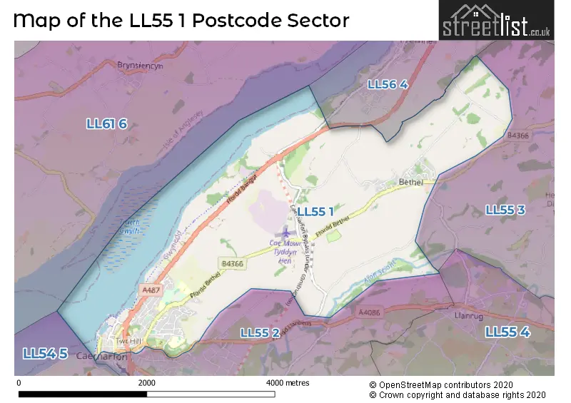 Map of the LL55 1 and surrounding postcode sector