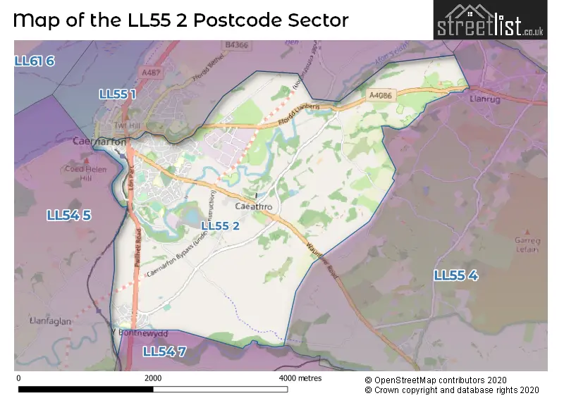 Map of the LL55 2 and surrounding postcode sector