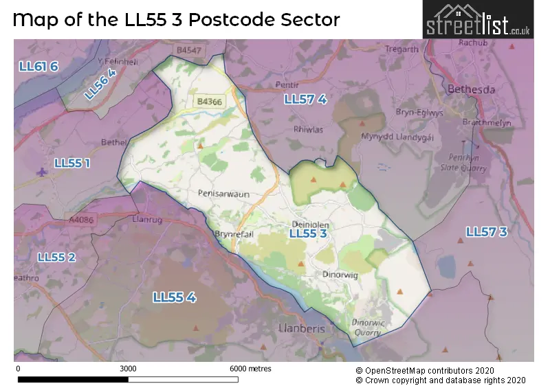 Map of the LL55 3 and surrounding postcode sector
