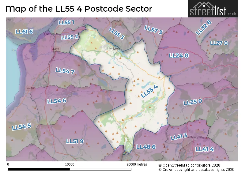 Map of the LL55 4 and surrounding postcode sector