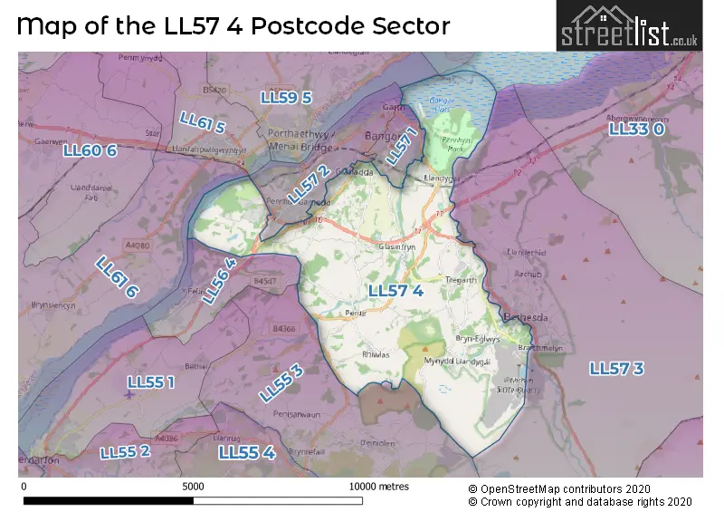 Map of the LL57 4 and surrounding postcode sector