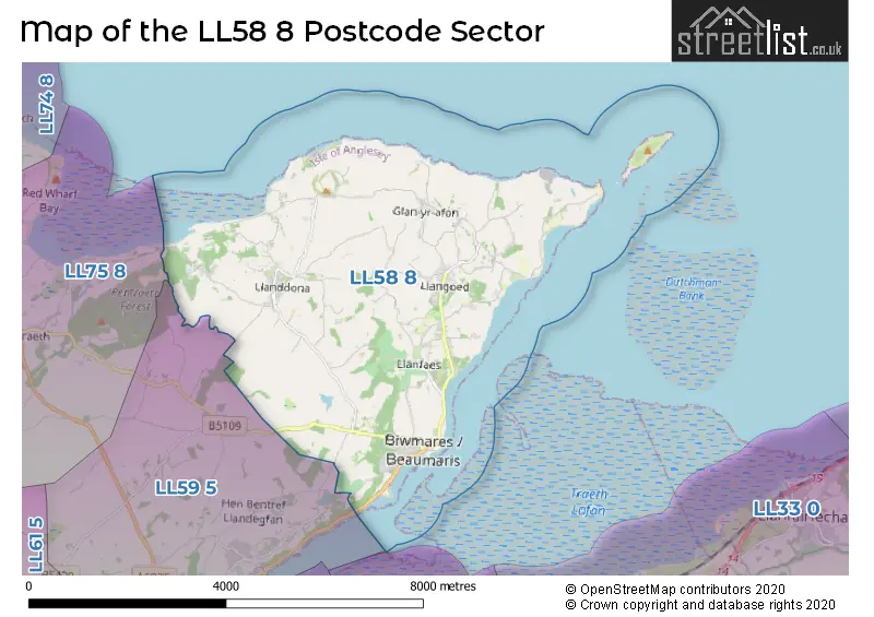 Map of the LL58 8 and surrounding postcode sector