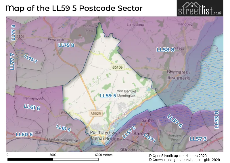 Map of the LL59 5 and surrounding postcode sector