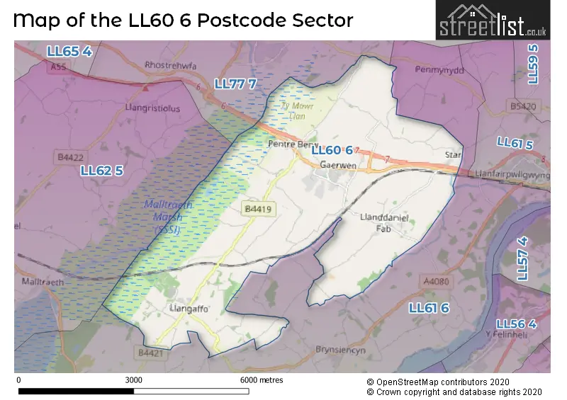 Map of the LL60 6 and surrounding postcode sector