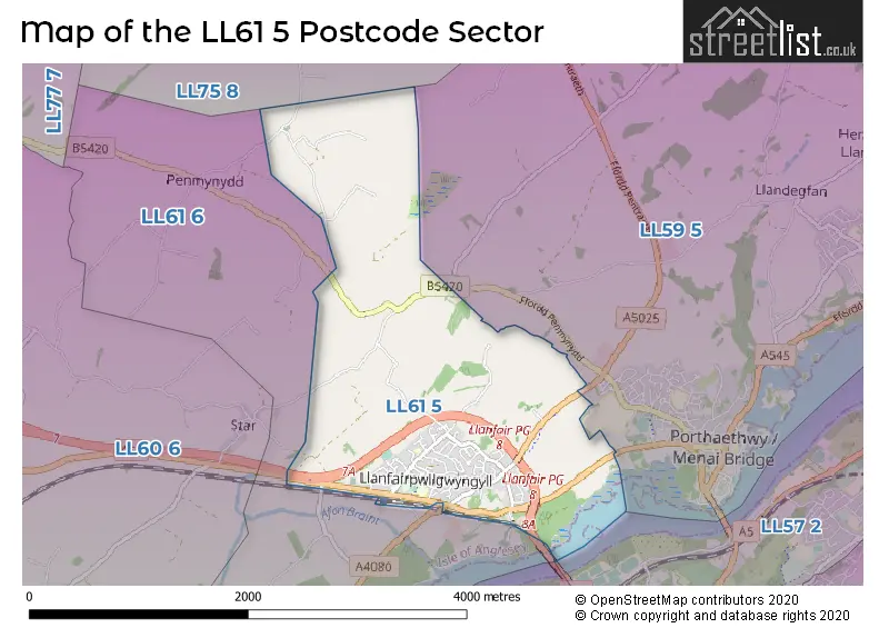 Map of the LL61 5 and surrounding postcode sector
