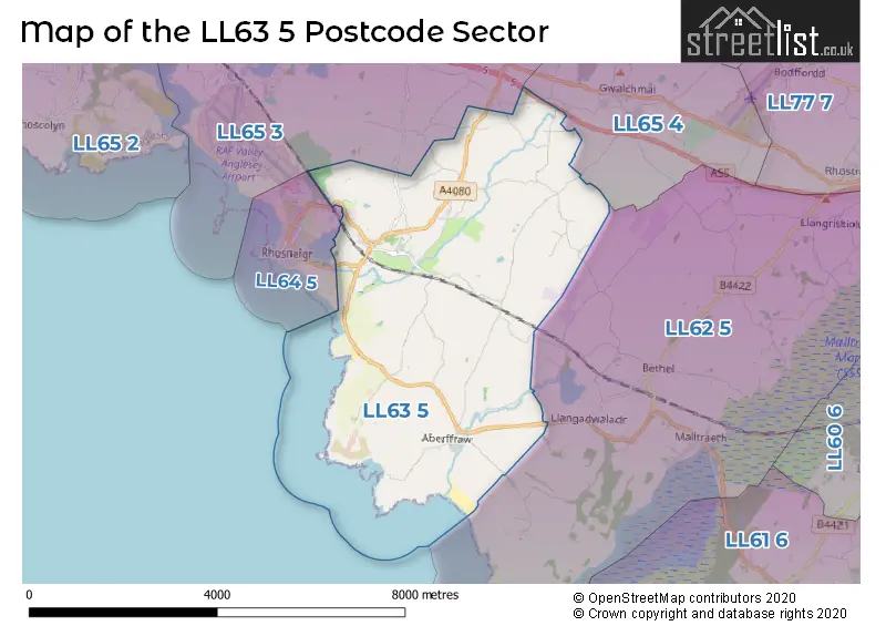 Map of the LL63 5 and surrounding postcode sector