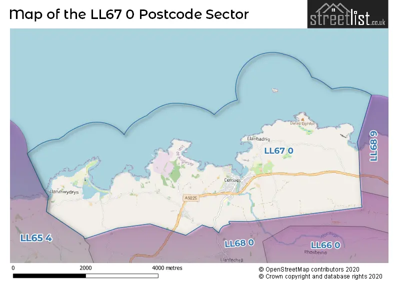 Map of the LL67 0 and surrounding postcode sector