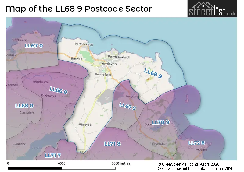 Map of the LL68 9 and surrounding postcode sector