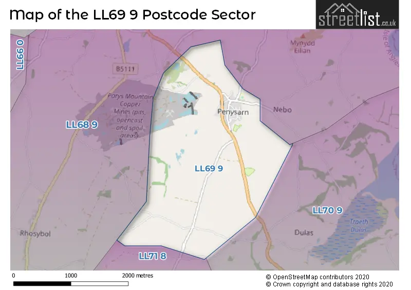 Map of the LL69 9 and surrounding postcode sector