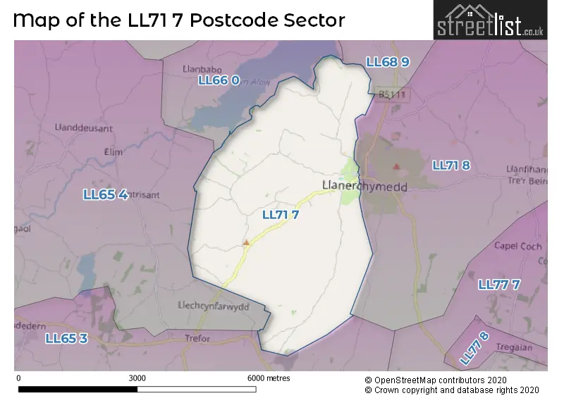 Map of the LL71 7 and surrounding postcode sector
