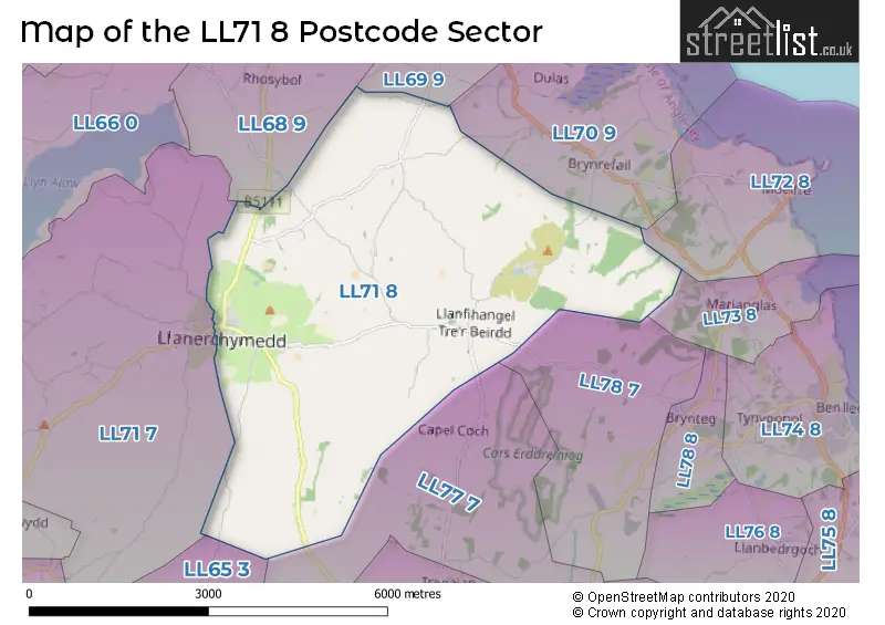 Map of the LL71 8 and surrounding postcode sector
