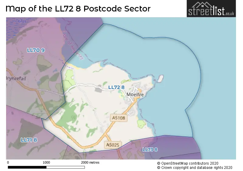 Map of the LL72 8 and surrounding postcode sector