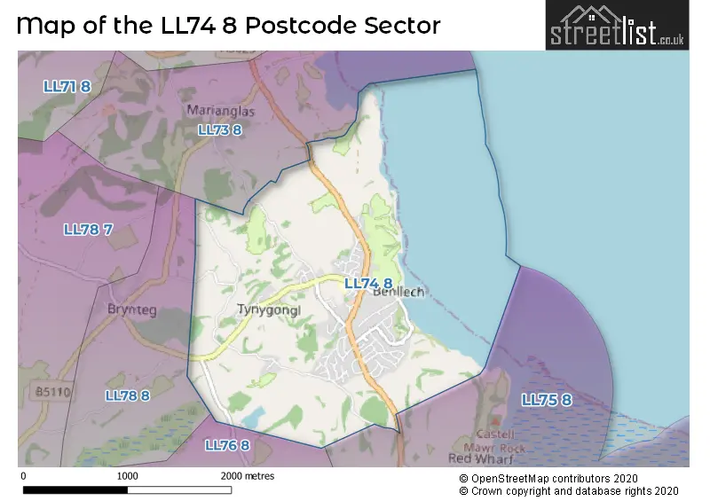 Map of the LL74 8 and surrounding postcode sector