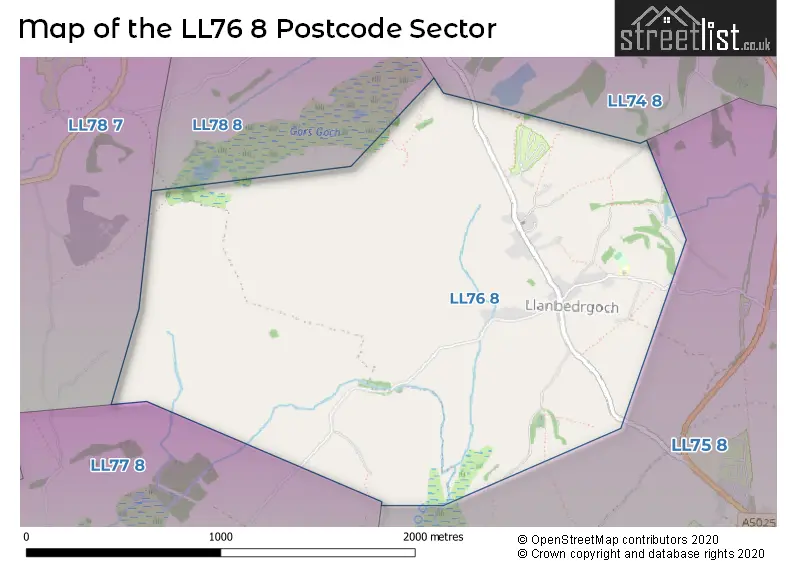 Map of the LL76 8 and surrounding postcode sector