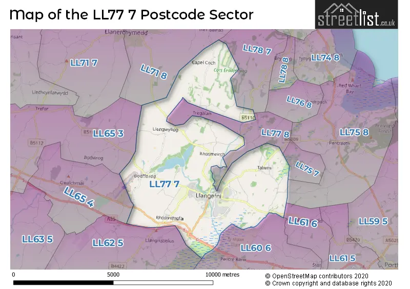 Map of the LL77 7 and surrounding postcode sector