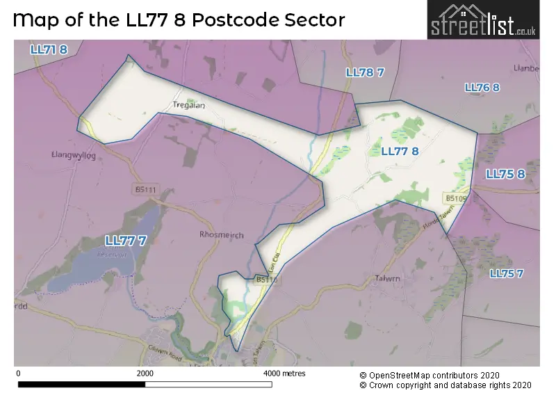 Map of the LL77 8 and surrounding postcode sector