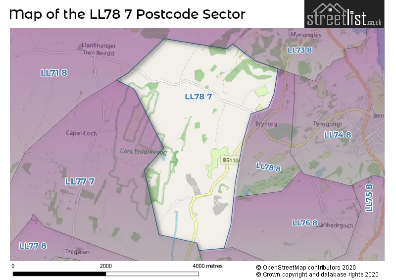 Map of the LL78 7 and surrounding postcode sector