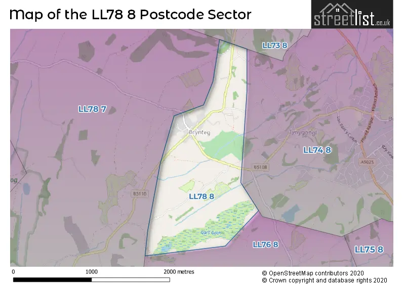 Map of the LL78 8 and surrounding postcode sector