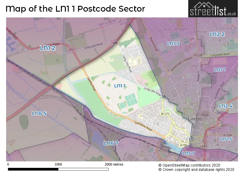 Map of the LN1 1 and surrounding postcode sector