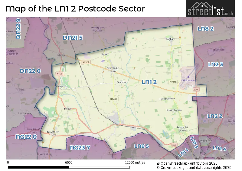 Map of the LN1 2 and surrounding postcode sector