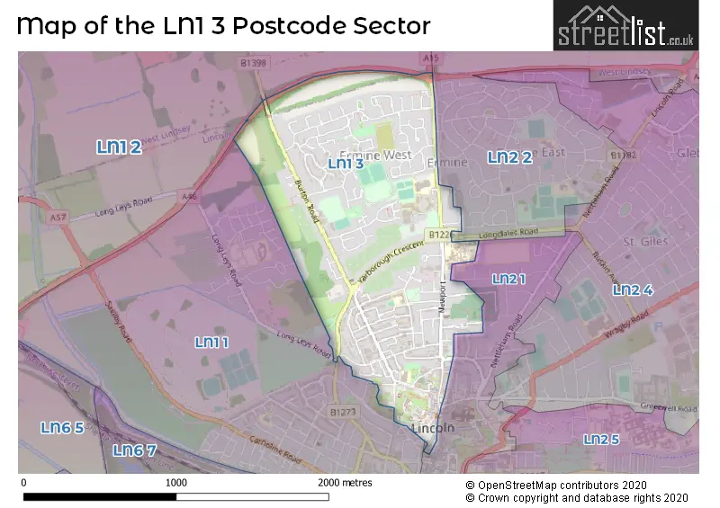 Map of the LN1 3 and surrounding postcode sector