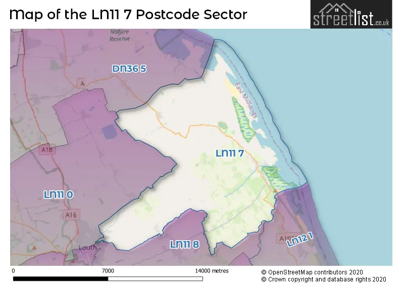 Map of the LN11 7 and surrounding postcode sector