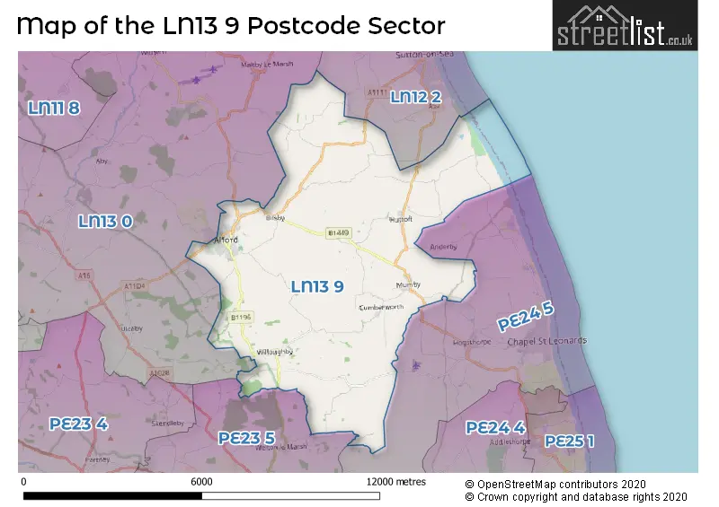 Map of the LN13 9 and surrounding postcode sector