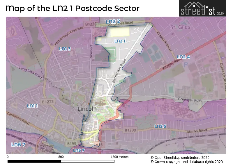 Map of the LN2 1 and surrounding postcode sector