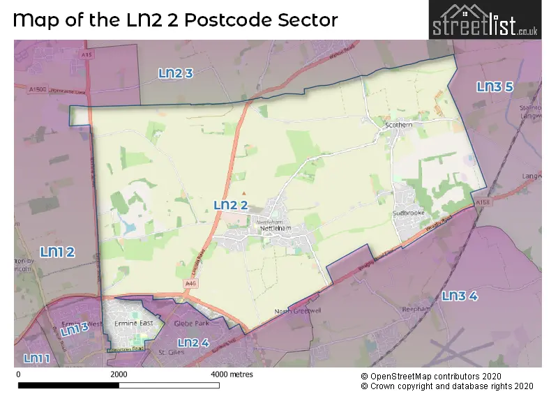 Map of the LN2 2 and surrounding postcode sector