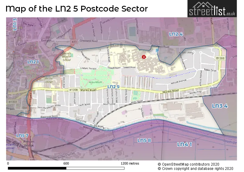 Map of the LN2 5 and surrounding postcode sector