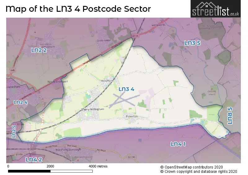 Map of the LN3 4 and surrounding postcode sector