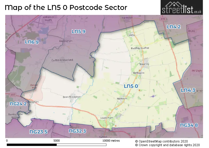 Map of the LN5 0 and surrounding postcode sector