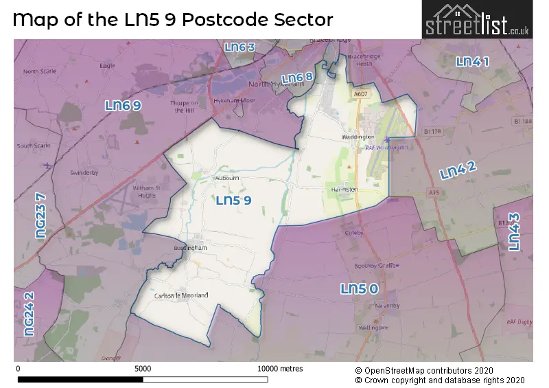 Map of the LN5 9 and surrounding postcode sector