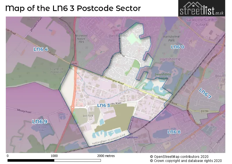 Map of the LN6 3 and surrounding postcode sector