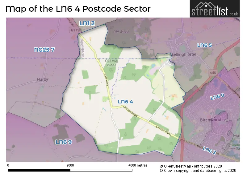 Map of the LN6 4 and surrounding postcode sector