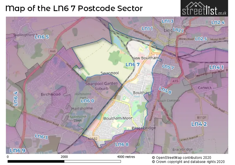 Map of the LN6 7 and surrounding postcode sector
