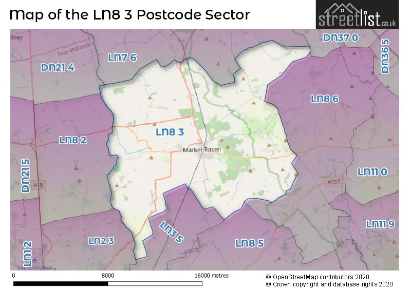 Map of the LN8 3 and surrounding postcode sector