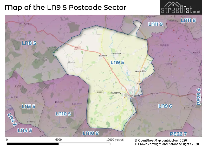 Map of the LN9 5 and surrounding postcode sector