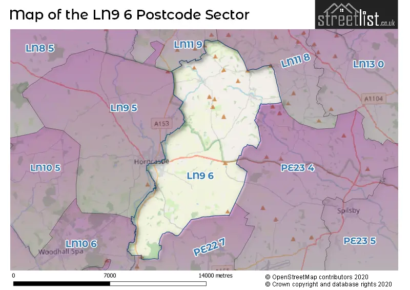 Map of the LN9 6 and surrounding postcode sector