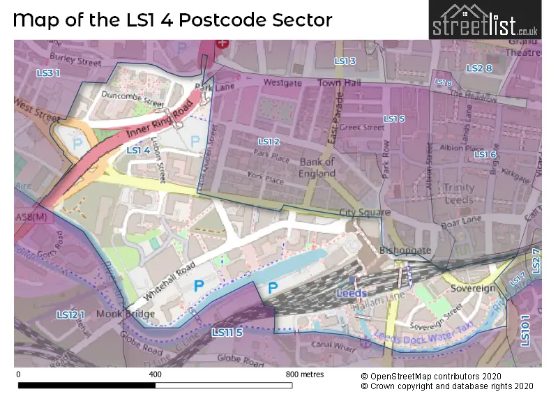 Map of the LS1 4 and surrounding postcode sector