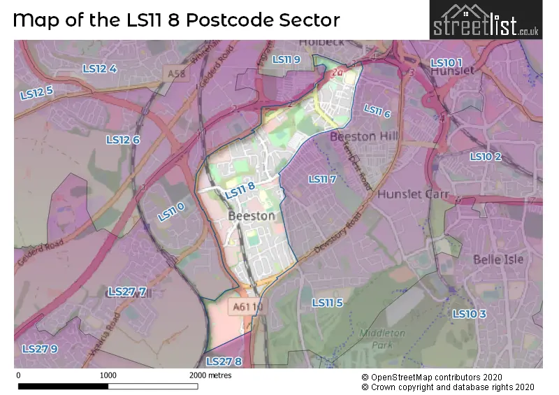 Map of the LS11 8 and surrounding postcode sector