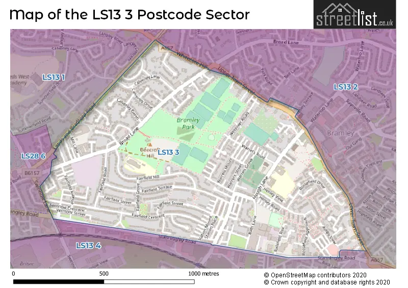 Map of the LS13 3 and surrounding postcode sector
