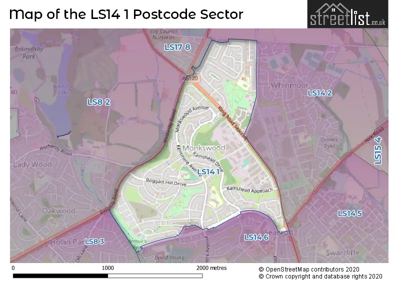 Map of the LS14 1 and surrounding postcode sector