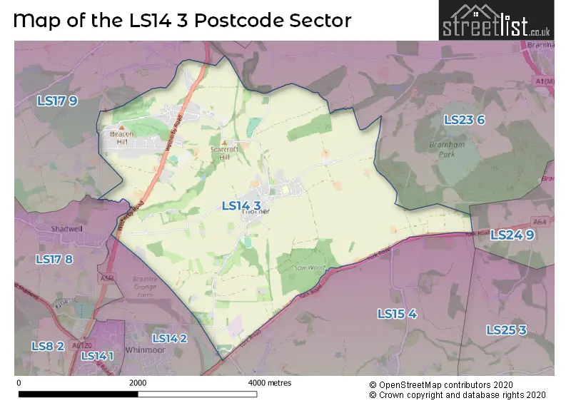 Map of the LS14 3 and surrounding postcode sector