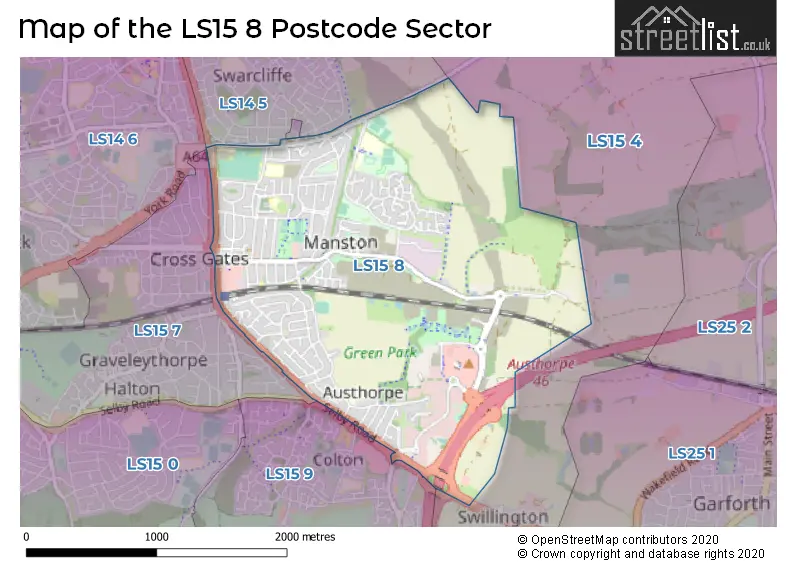 Map of the LS15 8 and surrounding postcode sector