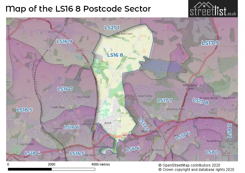 Map of the LS16 8 and surrounding postcode sector