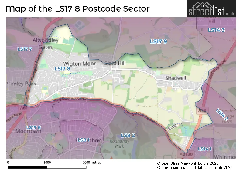 Map of the LS17 8 and surrounding postcode sector