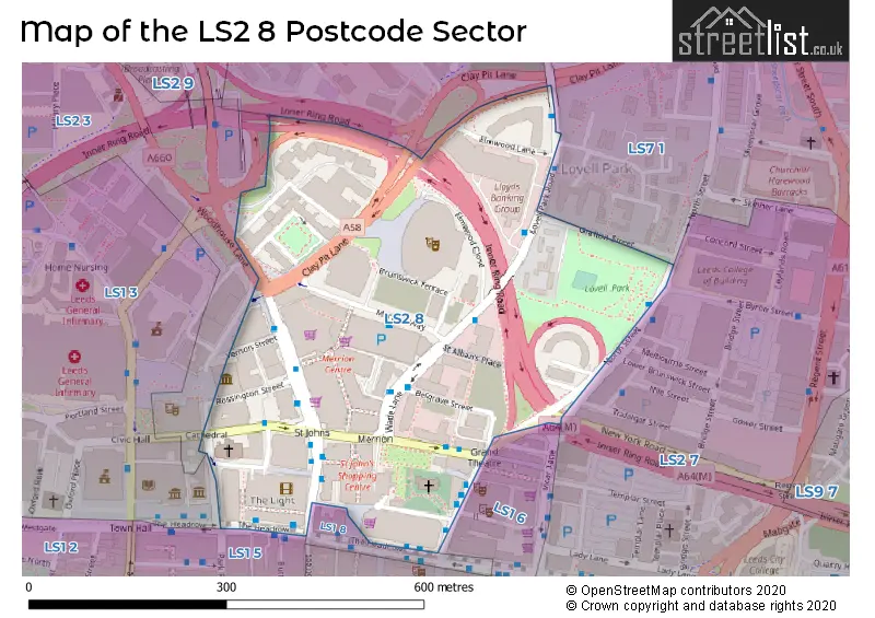 Map of the LS2 8 and surrounding postcode sector