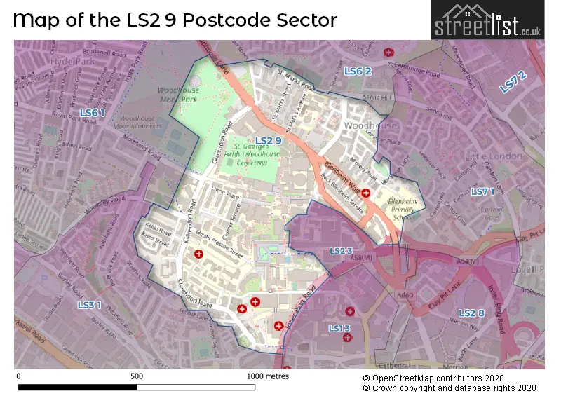 Map of the LS2 9 and surrounding postcode sector